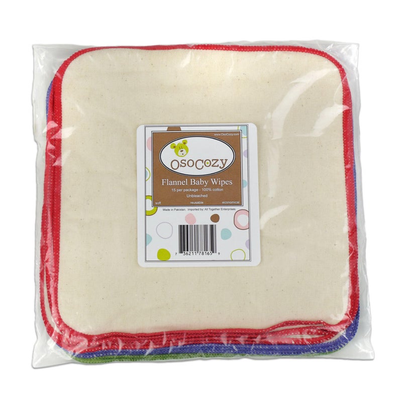 OsoCozy Flannel Cloth Baby Wipes - Reusable and Washable Saves Money - 15 Pack Unbleached/Natural 100% Cotton - Soft and Durable - Colorful Outer Stitching - 8 x 8 inches each. - Image 4
